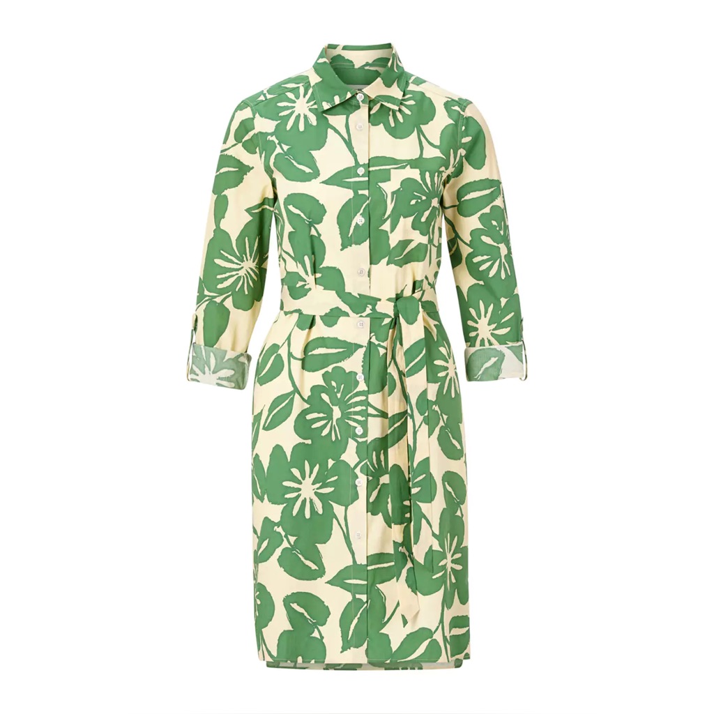 0039 Italy Gracia Green Cream Floral Belted Shirt Dress Nwot Size S